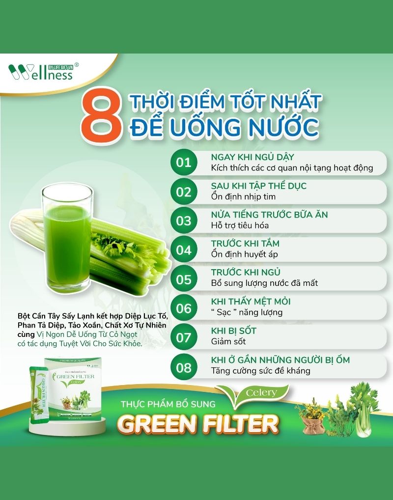 8 thời điểm tốt nhất để uống nước Cần tây – diệp lục Green Filter Celery thanh lọc thải độc - Droppii Shops